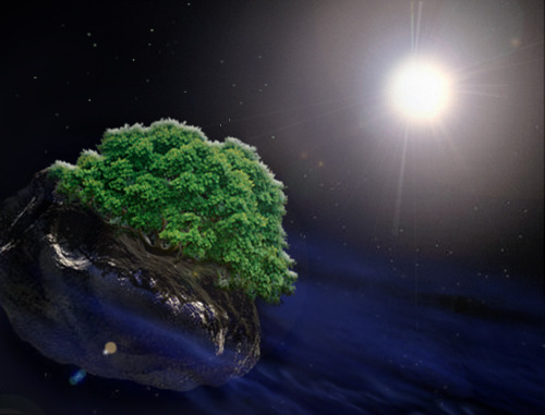 A fully-leafed tree floating in space.